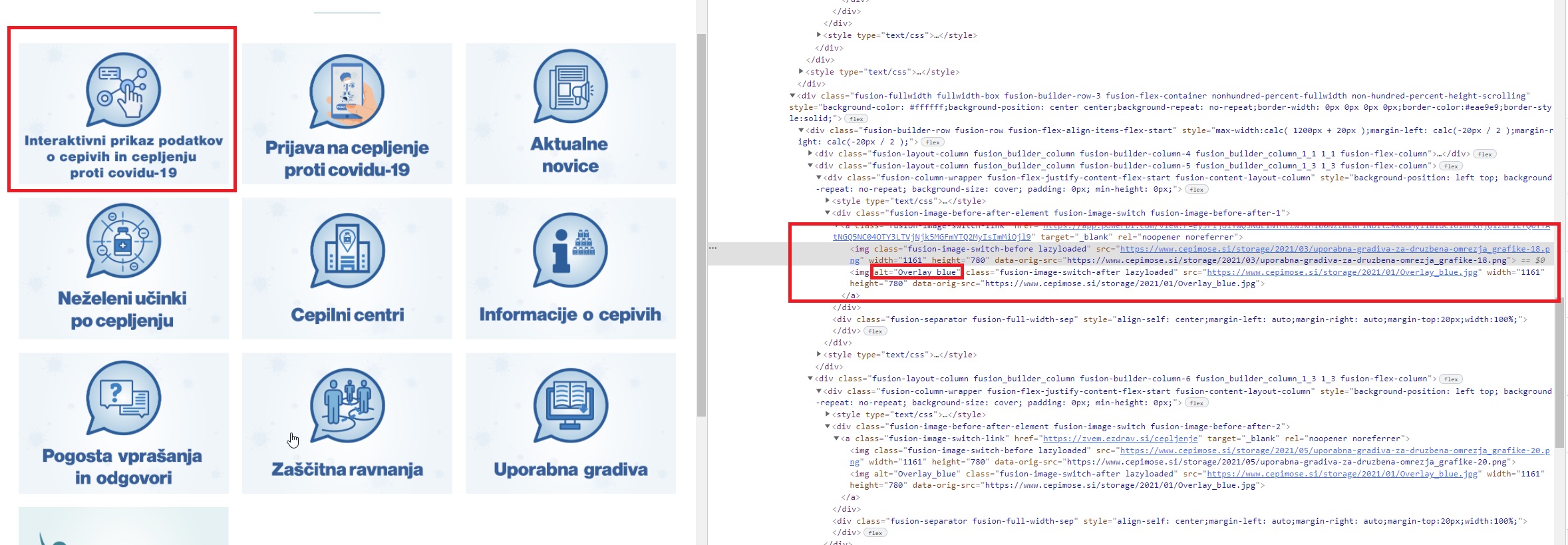 Screenshot of cepimose.si demonstrating image link and source code with poor alternative text.