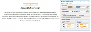 Screenshot of a website showing "Accessible Documents" text highlighted and Color contrast analyser with 2.6:1 ratio 