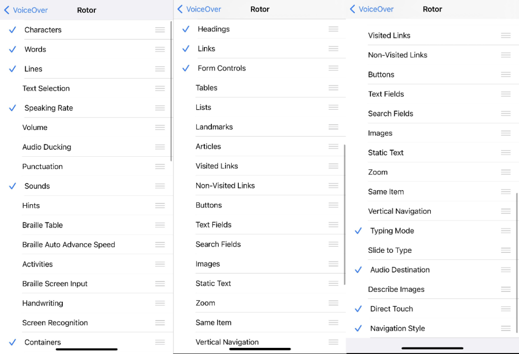 Screenshot of list of options such as Headings, Links, Form Controls, Tables, Lists and so on available in rotor setting.